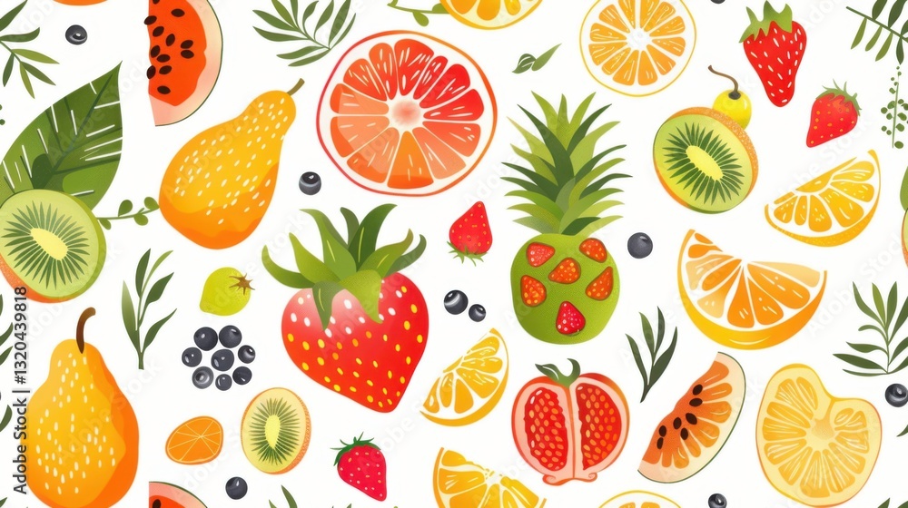 Seamless fruit salad pattern with vibrant, colorful fruits arranged in a playful and refreshing design.
Seamless fruit salad pattern with vibrant, colorful fruits arranged in a playful and refreshing design.
