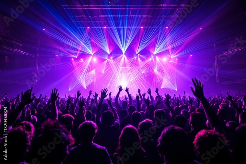 Audience raising hands at a music festival with bright laser lights on stage, creating an energetic atmosphere. Colorful background, creative party concept. Ai generative