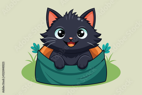 An adorable black kitten with bright eyes sits happily in a bag, looking playful and content, Smiling black kitten sitting in bag, Adorable fluffy pet with funny behavior,