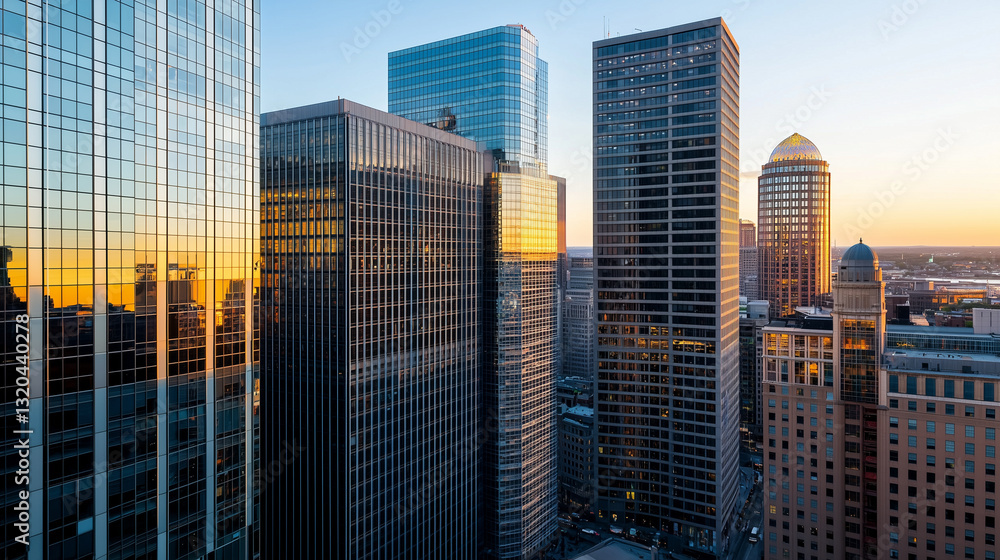 Obraz premium Breathtaking View of Boston's Downtown Financial District Skyline with Modern Skyscrapers at Sunset