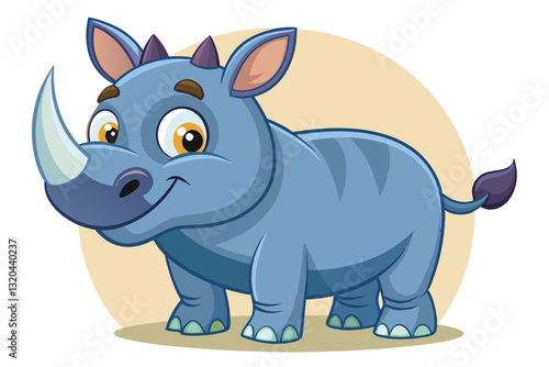 A smiling cartoon rhino stands happily, showcasing a playful demeanor with a light, cheerful backdrop, Smiling cartoon rhino standing