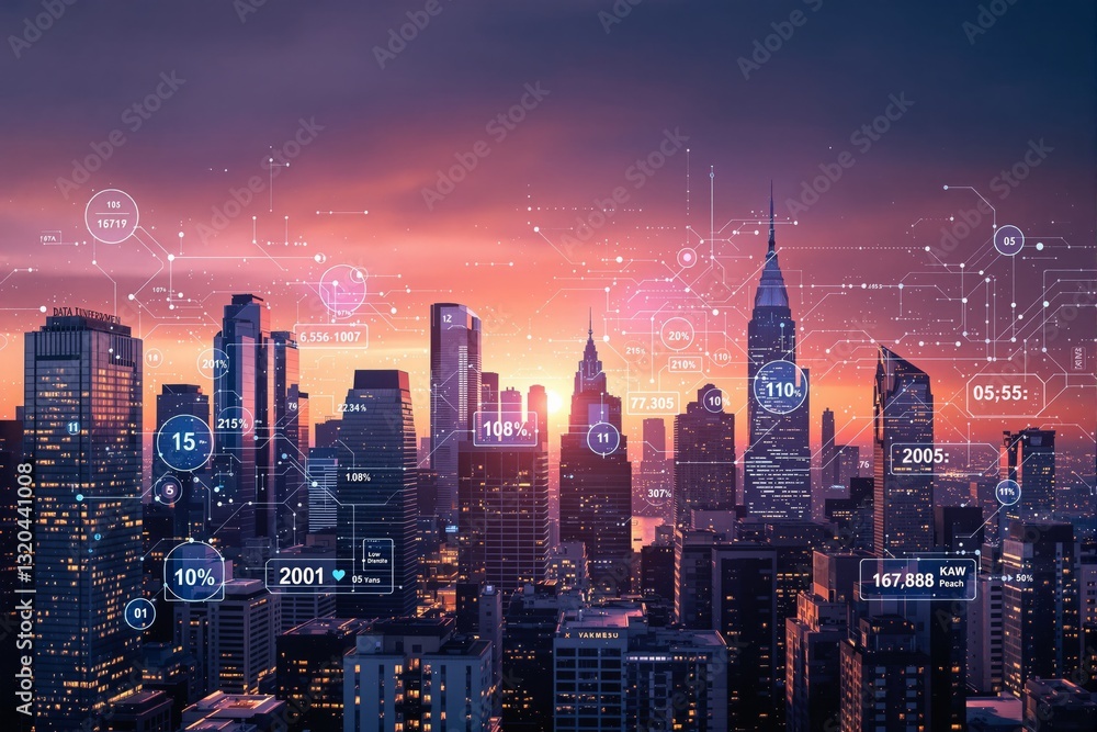 Obraz premium Modern city skyline with digital data elements overlay, futuristic interface, at sunset background. Concept of smart city, technology, innovation. Ai generative