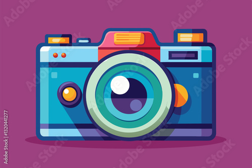 A colorful camera design with customizable features on a bright purple backdrop, perfect for artistic expression, Snap the moment Customizable Semi Flat Illustration