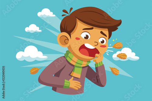 A boy wearing a scarf sneezes in the chilly autumn air with leaves swirling around him, Sneezing Customizable Cartoon Illustration