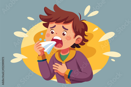 A young child sneezes dramatically while holding a tissue, surrounded by vibrant colors and shapes, Sneezing Customizable Cartoon Illustration