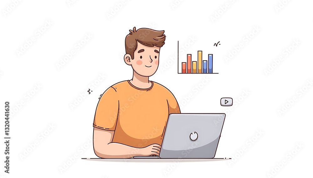 Man Analyzing Data on Laptop with Bar Chart Illustration Design Man Analyzing Data on Laptop with Bar Chart Illustration Design