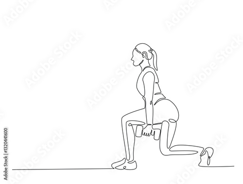 Continuous line art drawing of beautiful woman workout using barbell. woman training in sport gymnasium club center in one line drawing illustration. Editable stroke.