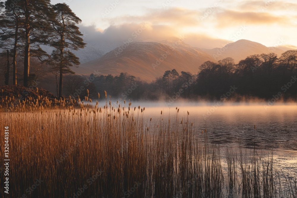 Fototapeta premium Sunrise over misty lake, tranquil scene, mountain backdrop, tranquil lake