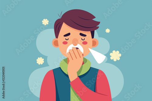 A young individual sneezes into a tissue while wearing a warm scarf, surrounded by soft colors and textures, Sneezing Customizable Semi Flat Illustration