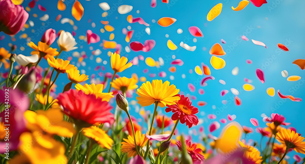 Vibrant wildflowers, Colorful petals floating in the air Vibrant wildflowers, Colorful petals floating in the air