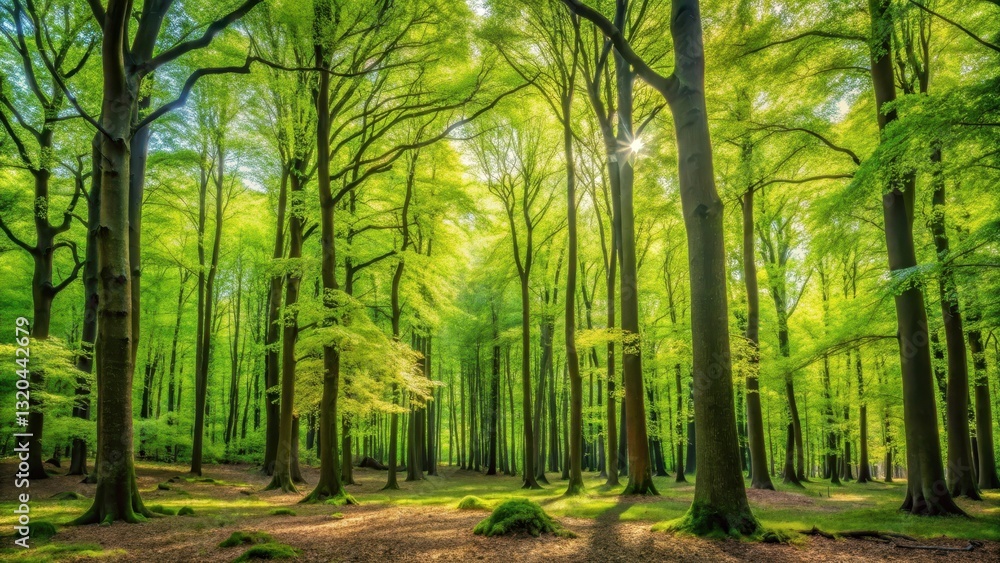 Obraz premium Dense forest with various tree life stages from saplings to mature trees in a wide format capturing their growth and diversity, canopy, deciduous