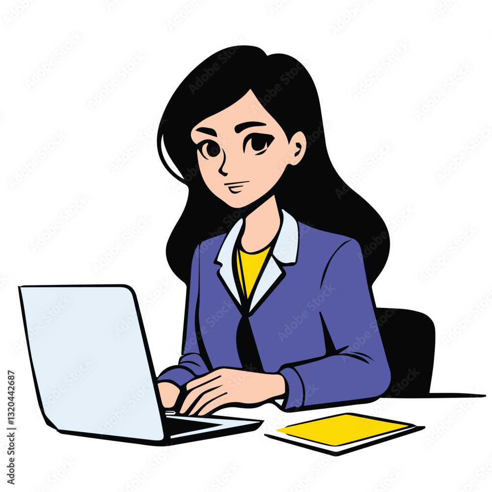 Professional Woman Working on Laptop Cartoon Style Professional Woman Working on Laptop Cartoon Style