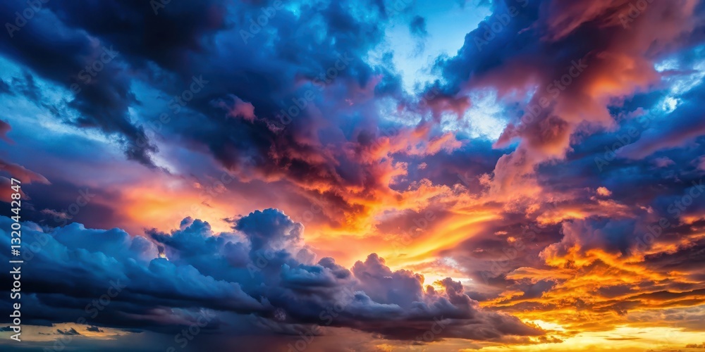 Fototapeta premium Dark clouds cover the vibrant blue sky with hues of pink and orange, contrasting the deep shadows