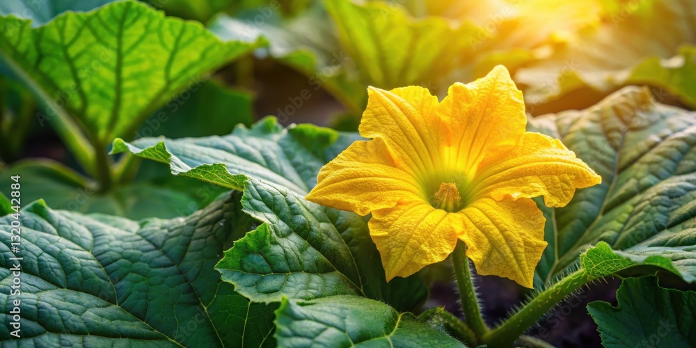 Vibrant yellow flower blooms on a lush green zucchini leaf in a sunny vegetable garden Vibrant yellow flower blooms on a lush green zucchini leaf in a sunny vegetable garden