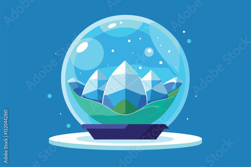 A charming snow globe showcases a picturesque mountain scene surrounded by vibrant colors and sparkles, Snowball globe Customizable Disproportionate Illustration