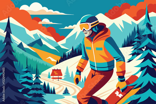 A snowboarder enjoys a thrilling descent through vibrant mountains surrounded by pine trees and snow, Snowboarder in the mountains. Vector illustration in retro style.