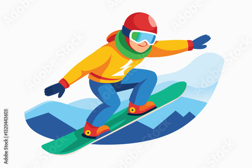 A snowboarder skillfully glides on fresh snow, showcasing a winter sport trick in a bright setting, Snowboarder. Winter sport. isolated white background