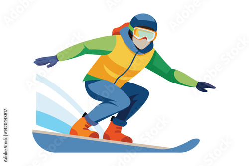 A snowboarder is skillfully maneuvering on a snowboard, showcasing athleticism in winter sports gear, Snowboarder. Winter sport. isolated white background