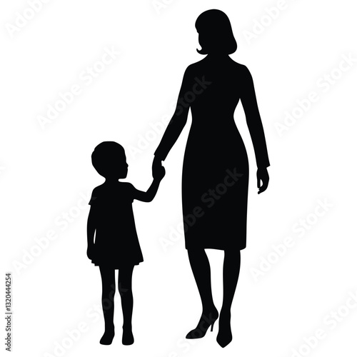 Mother and child holding hands silhouette vector illustration on white background