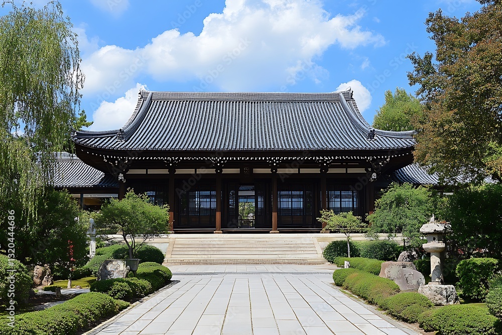 Tranquil Japanese temple with a stone pathway, lush greenery, and a traditional architecture. Tranquil Japanese temple with a stone pathway, lush greenery, and a traditional architecture.