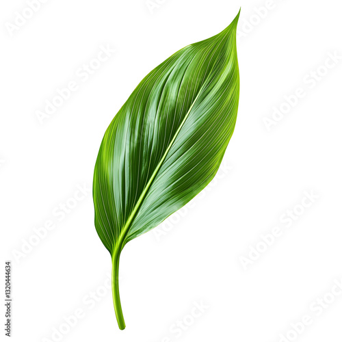 Single Lush Green Leaf Isolated on White Background, vibrant tropical foliage element for design.