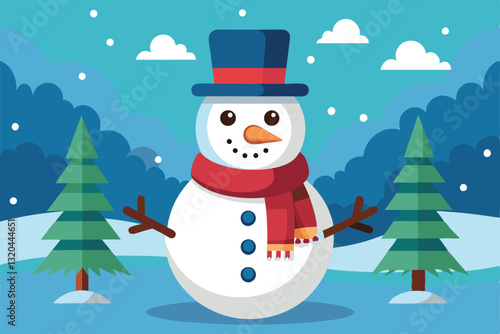 A cheerful snowman stands in a winter wonderland surrounded by pine trees and light snowfall, Snowman Customizable Flat Illustration