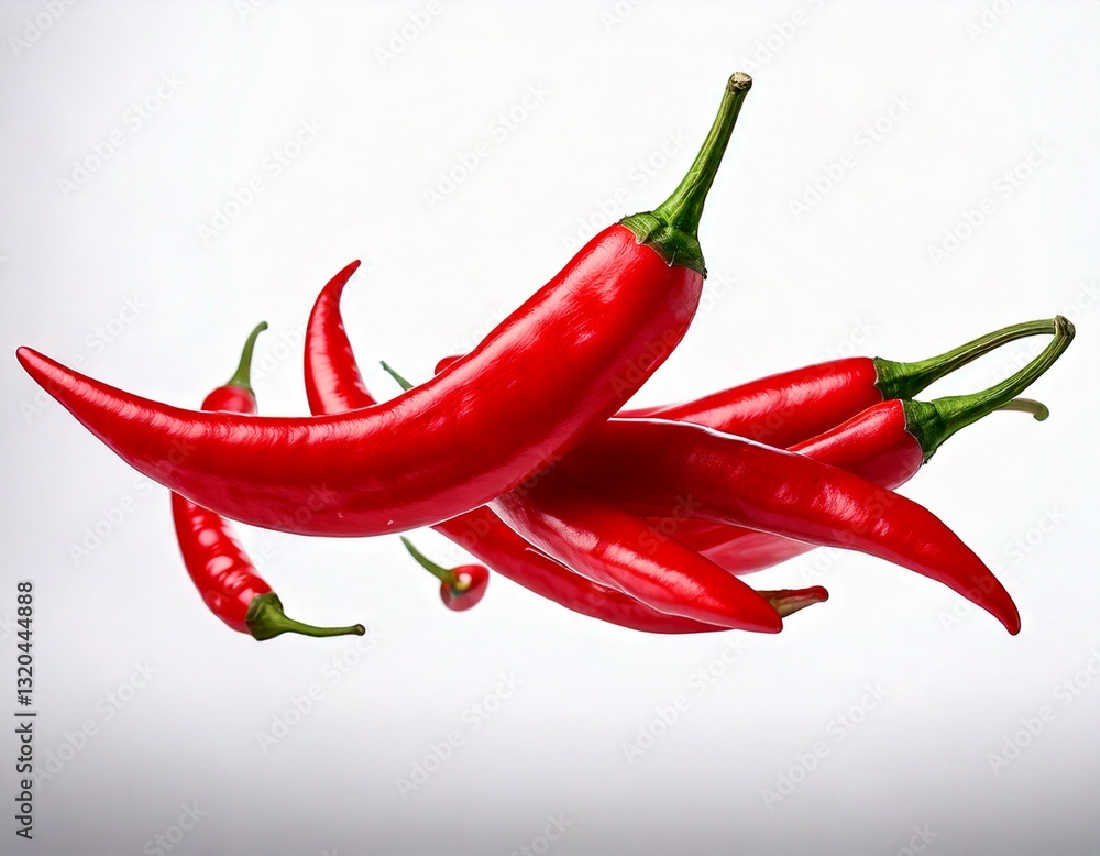 Some floating red chilies, white background Some floating red chilies, white background