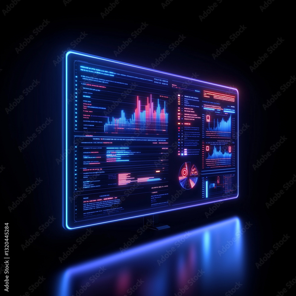A computer monitor displays a series of graphs and numbers