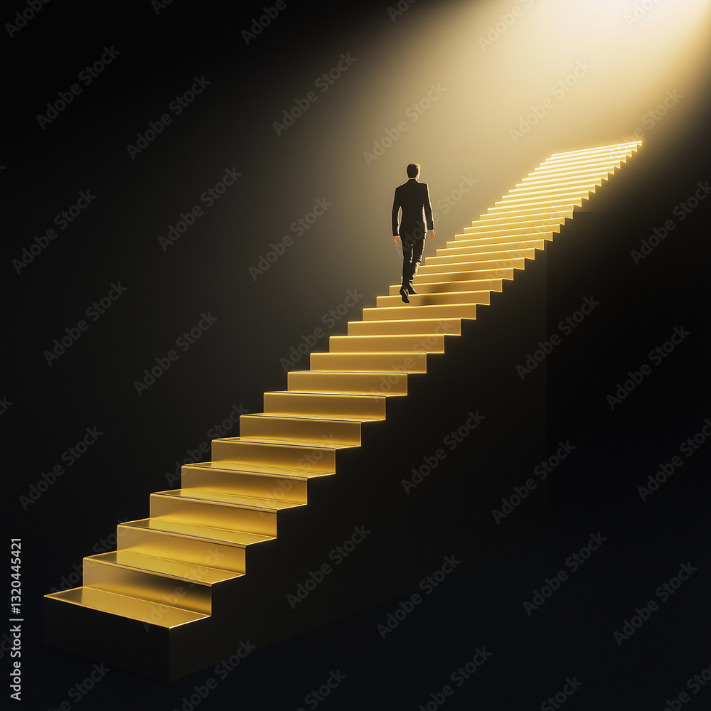 A man is walking up a staircase with gold steps