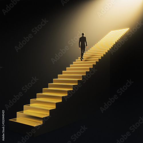 Obraz na płótnie A man is walking up a staircase with gold steps w salonie