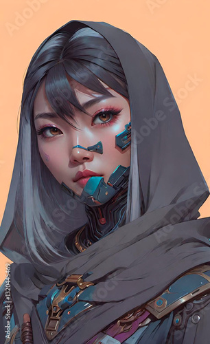 An Asian girl poses for a poster in a beautiful dress, cyberpunk art. A selfie of a cute Kazakh girl. AI ART.Stylized Fan Art Portrait of a Futuristic Character.The image appears to be fan art	