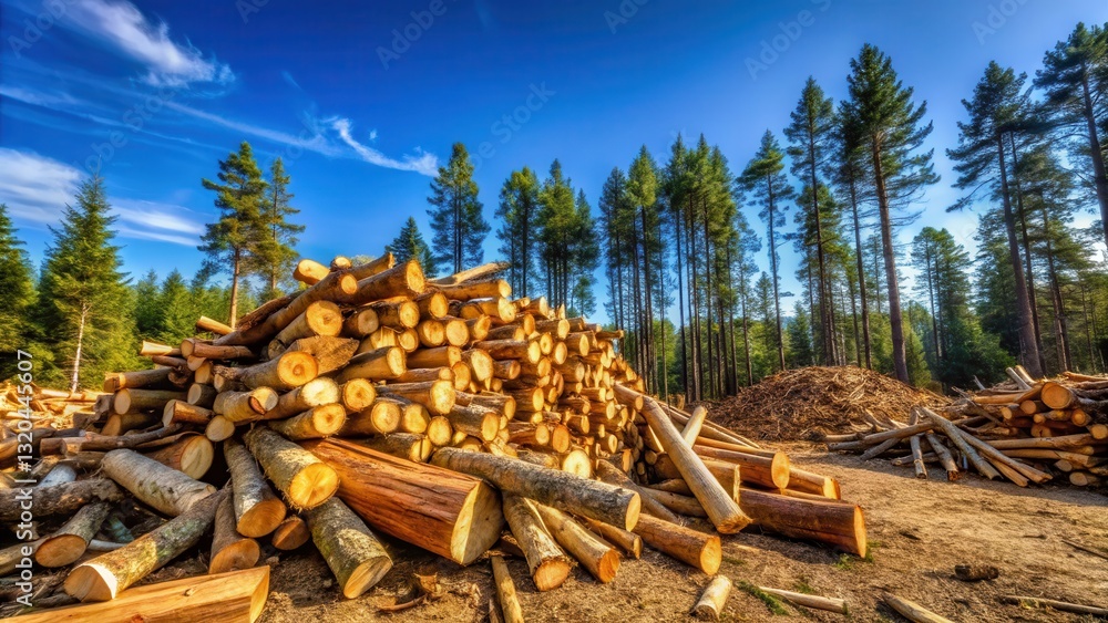 A pile of freshly cut firewood with dry logs and branches scattered around it in a woodland environment, surrounded by tall trees and a clear blue sky , woodpile, branches A pile of freshly cut firewood with dry logs and branches scattered around it in a woodland environment, surrounded by tall trees and a clear blue sky , woodpile, branches
