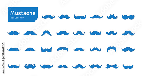 Mustache Blue Vector Set. Barbershop and Haircut Graphic Collection. Vector Set of Dress Up Constructor. Hipster Men Style Creation Kit Elements.