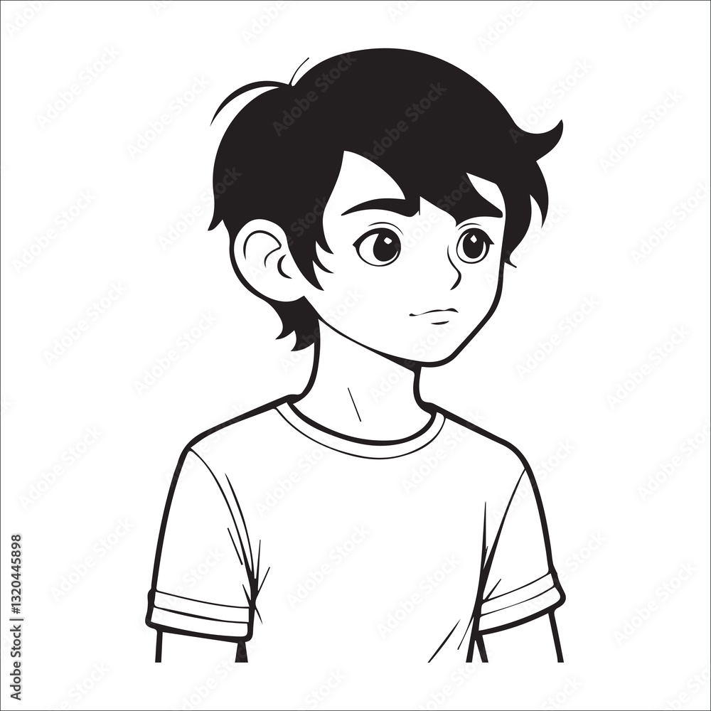 Black and white illustration of a thoughtful boy. Black and white illustration of a thoughtful boy.