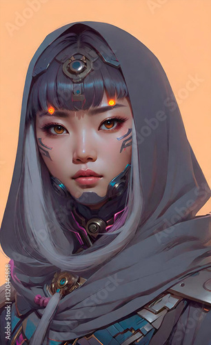 An Asian girl poses for a poster in a beautiful dress, cyberpunk art. A selfie of a cute Kazakh girl. AI ART.Stylized Fan Art Portrait of a Futuristic Character.The image appears to be fan art 