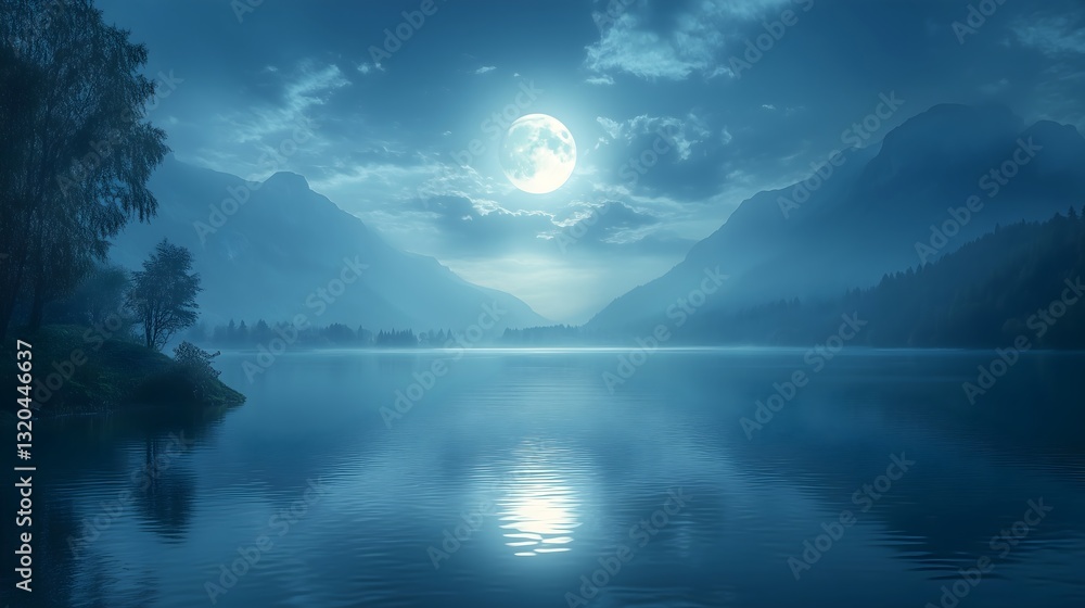 Fototapeta premium Peaceful moonlit lake reflecting mountains and clouds under a starry night sky. Background, wallpaper, screensaver.