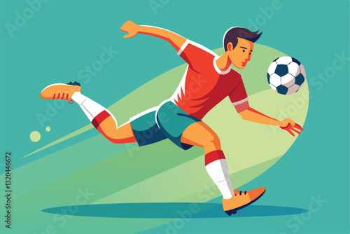 A focused athlete performs a powerful kick while playing soccer on a sunny afternoon field, Soccer player kicking the ball