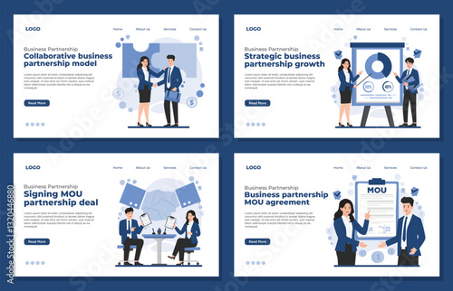 Set of Landing page template Business partnership MOU concept showing agreement signing, corporate collaboration, and strategic deal