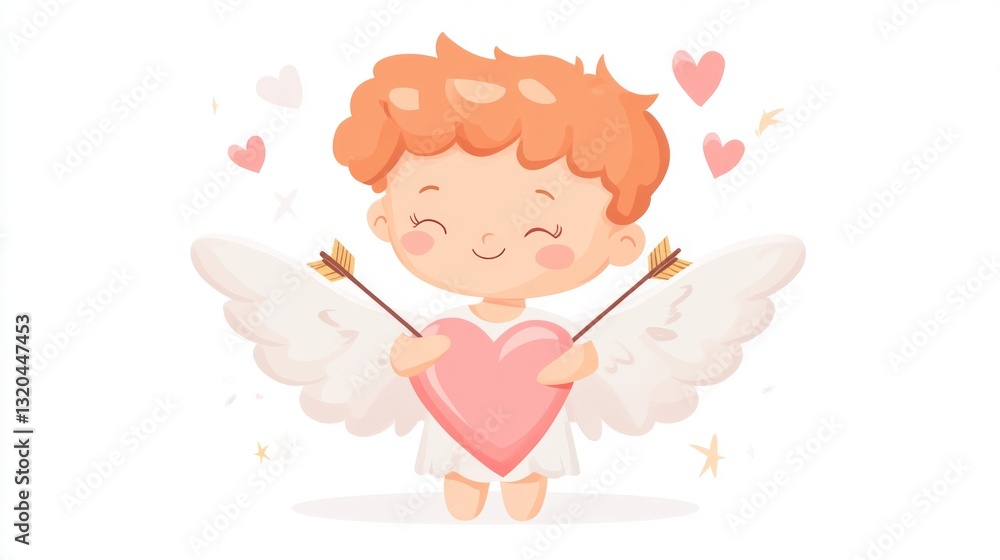 Cute cupid holding heart with arrows surrounded by hearts and stars for valentine's day design Cute cupid holding heart with arrows surrounded by hearts and stars for valentine's day design