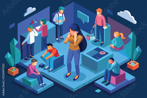 An isometric illustration of people in various scenarios expressing social anxiety through their facial expressions, Social anxiety Customizable Isometric Illustration