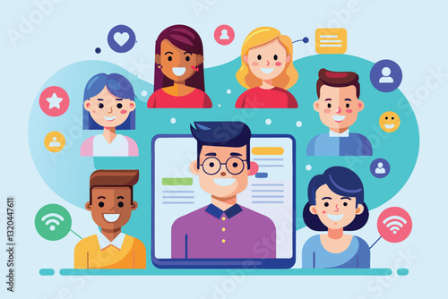 Diverse individuals interact online, showcasing customizable social biographies within a digital interface, Social biography Customizable Disproportionate Illustration