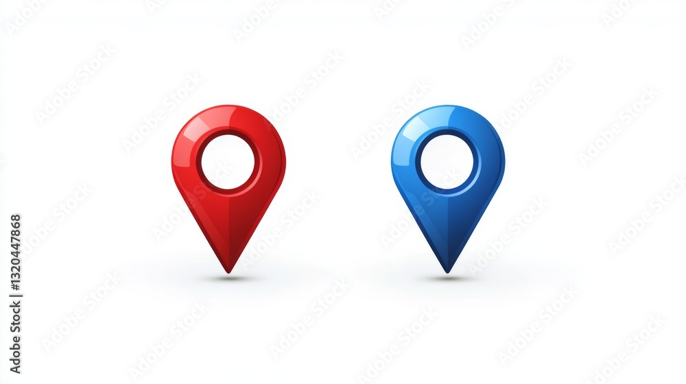 Fototapeta premium Red and blue location pins on white background for navigation and mapping design