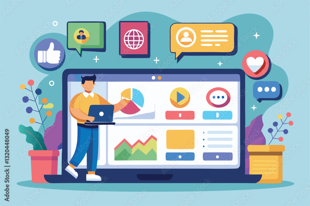 A person interacts with a customizable social media dashboard showcasing various engagement metrics, Social dashboard Customizable Cartoon Illustration A person interacts with a customizable social media dashboard showcasing various engagement metrics, Social dashboard Customizable Cartoon Illustration