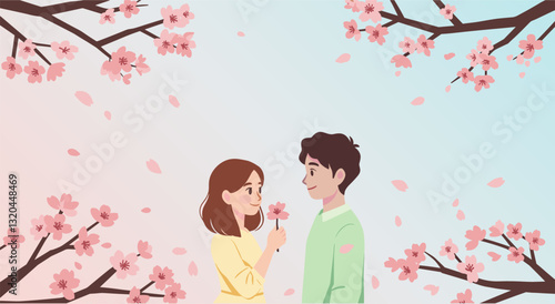 spring, couple, romantic, happy, lovely, cherry blossom