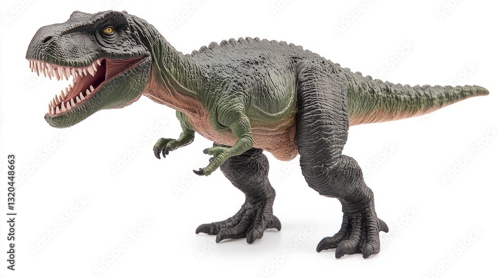 Naklejka premium Closeup of a T-Rex figurine with sharp teeth and textured skin, isolated on white, showcasing primal power and intricate detail. 