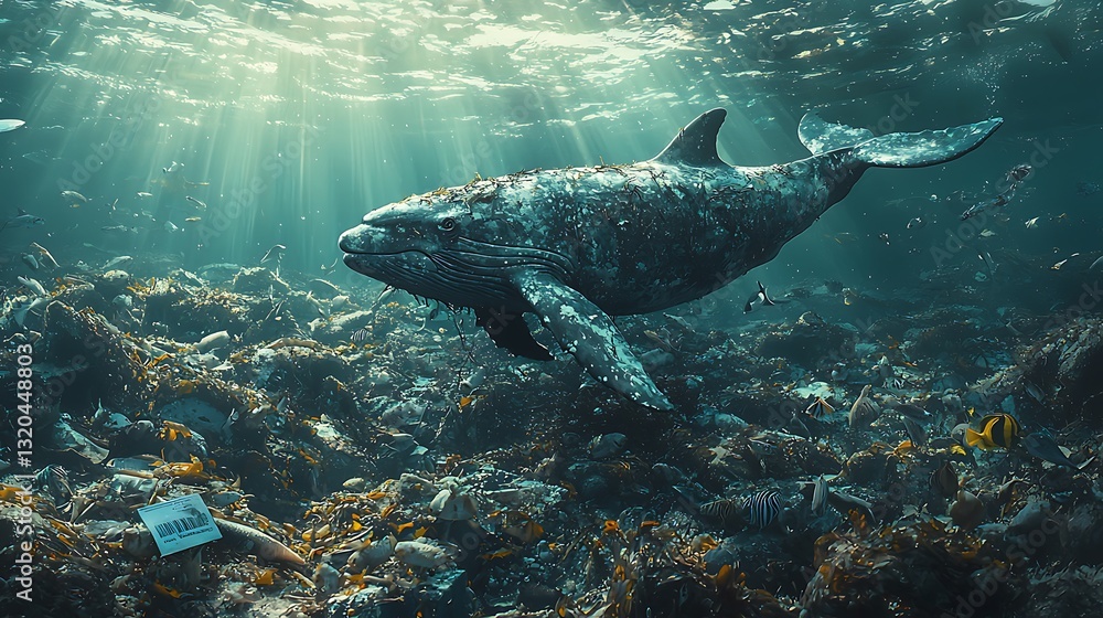 Fototapeta premium Whale Entangled in Ocean Plastic Pollution Underwater Scene of Marine Life and Debris