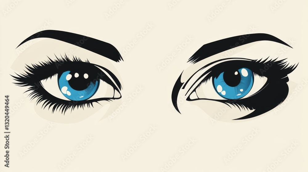 Striking blue eyes illustration featuring bold eyeliner and expressive eyebrows for modern design concepts Striking blue eyes illustration featuring bold eyeliner and expressive eyebrows for modern design concepts