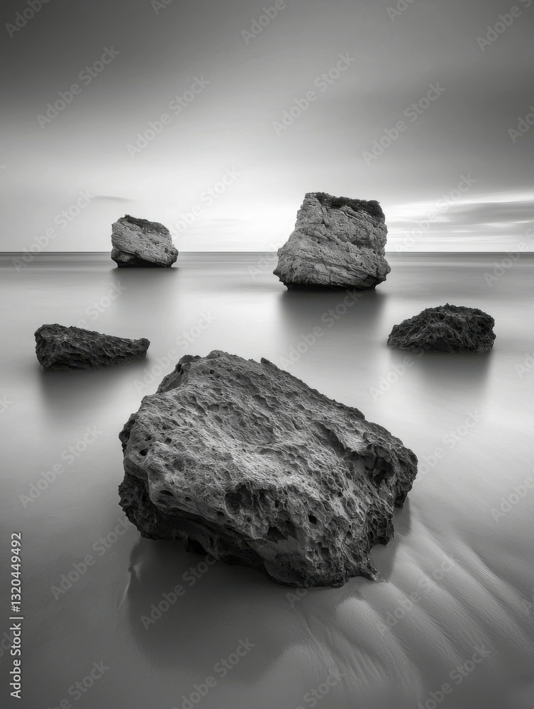 Naklejka premium A serene black and white seascape featuring large rocks emerging from calm waters under a soft, cloudy sky.