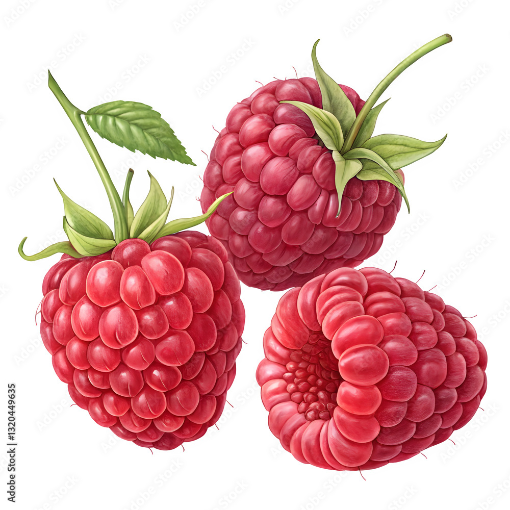 Raspberries accompanied by leaves, presented on a white or transparent background Raspberries accompanied by leaves, presented on a white or transparent background