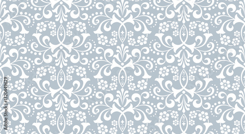 Wallpaper in the style of Baroque. White and gray floral ornament. Seamless vector background. Graphic pattern for fabric, wallpaper, packaging. Ornate Damask flower illustration